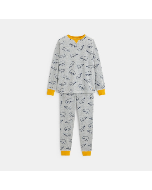 Pyjama en velours éponge motifs animaux gris garçon