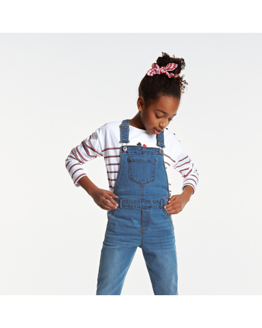 Salopette en jean délavé et extensible bleue fille