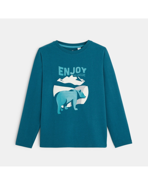 T-shirt manches longues à message et motif ours turquoise garçon
