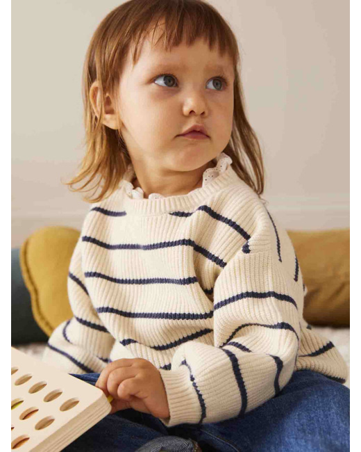 Pull bébé fille en côte perlée col en broderie anglaise rayé