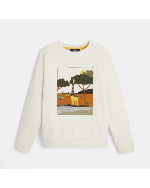 Sweat chiné motif savane brodé beige fille