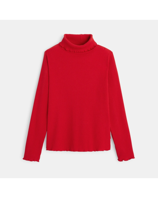 T-shirt col roulé côtelé uni rouge fille