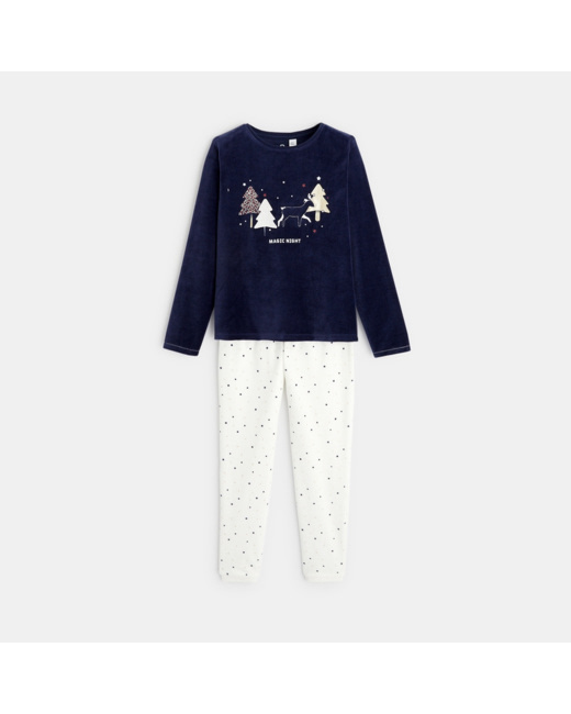 Pyjama 2 pièces en velours motif Noël bleu fille