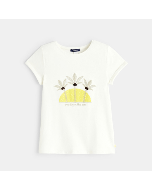 T-shirt palmier à message "One day in the sun" jaune fille