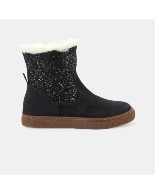 Boots fourrées croûte de cuir et paillettes bleues fille