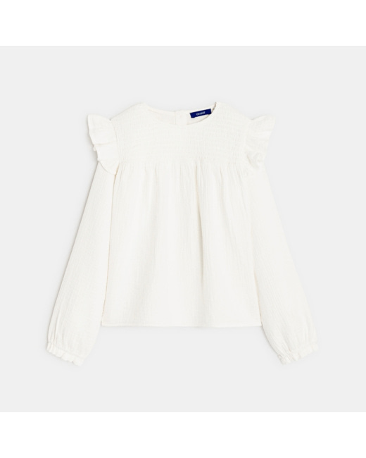 Blouse à smocks en gaze de coton blanche fille