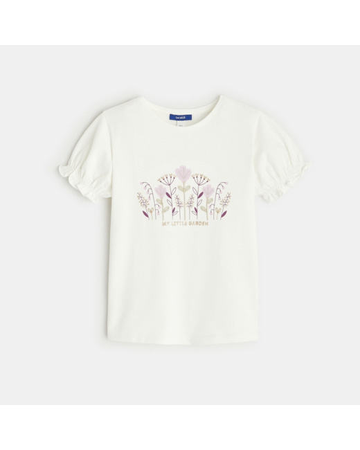 T-shirt col rond à motifs brodés blanc fille