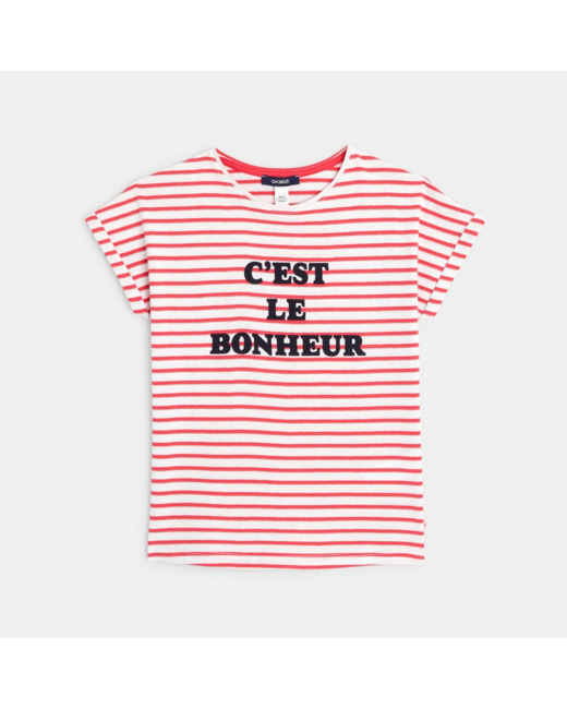 T-shirt rayé à message "C'est le bonheur" rose fille