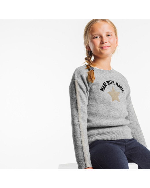 Pull fin à message "made with..." gris fille