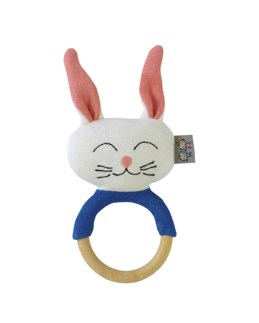 Hochet avec anneau de dentition en coton bio, Lapin