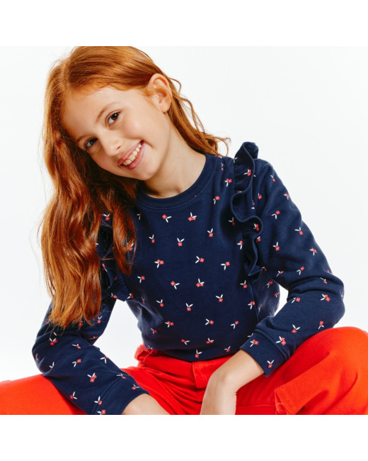 Sweat-shirt imprimé à volants bleu fille