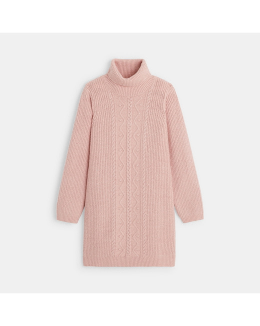 Robe-pull torsadée col roulé rose fille