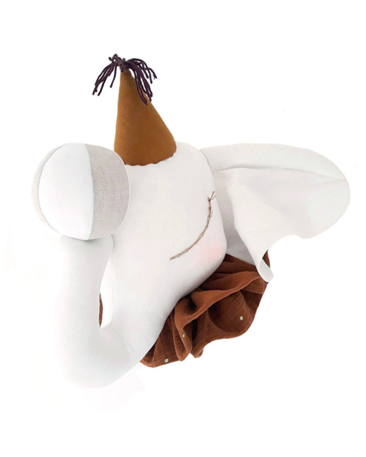 Trophée mural enfant en lin, Éléphant de cirque, Crème/Marron