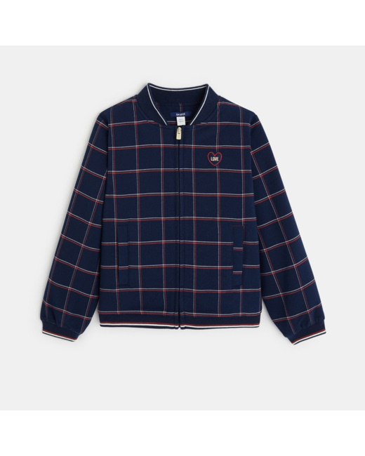 Blouson à carreaux écusson "love" bleu fille