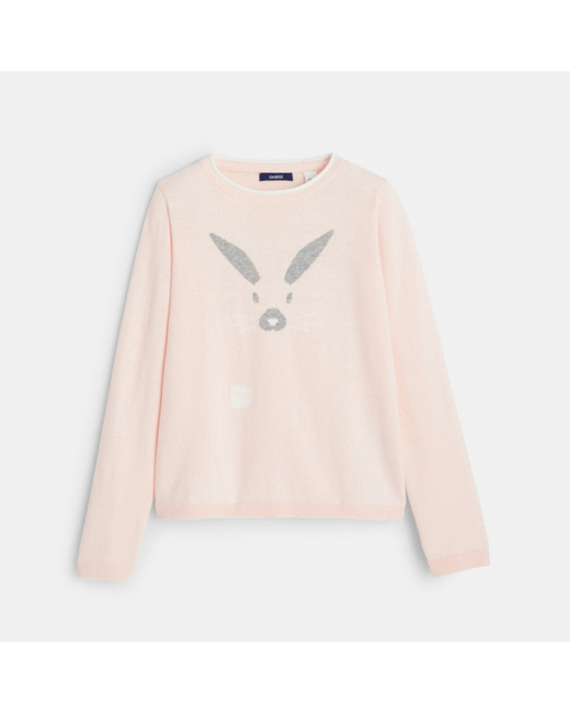 Pull jacquard motif lapin rose fille