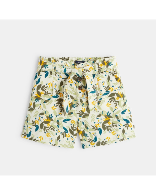 Short ceinturé en toile imprimée vert fille