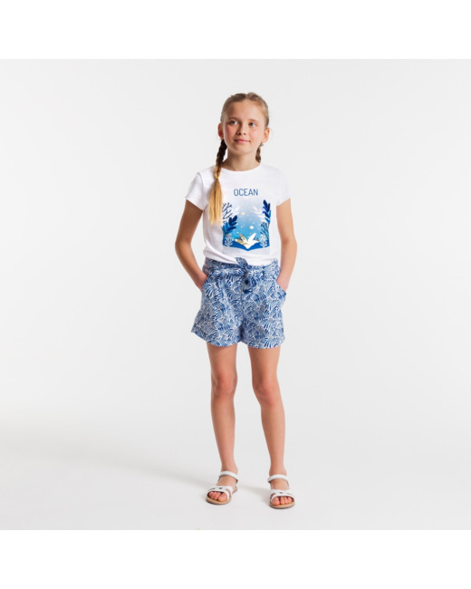 T-shirt sequins magiques palmiers bleu fille