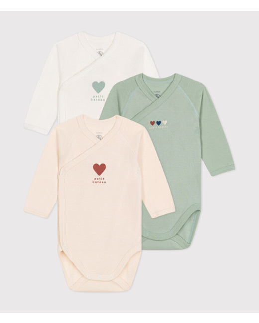 Lot de 3 bodies croisés manches longues en coton bébé trio coeur