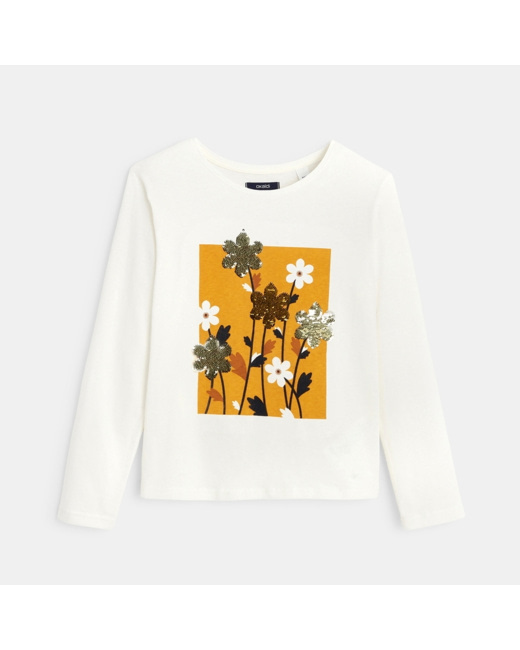 T-shirt manches longues à fleurs et sequins blanc fille