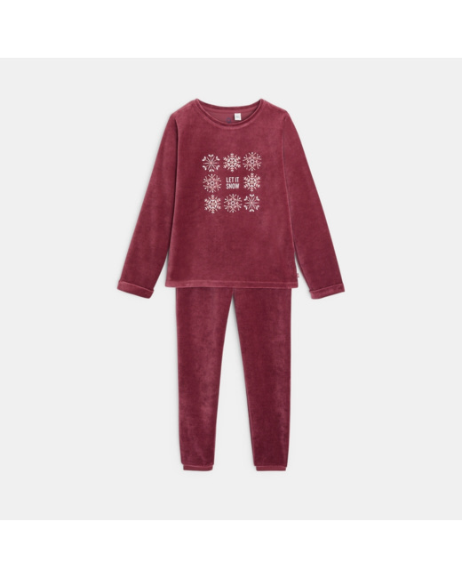 Pyjama 2 pièces en velours motif flocons violet fille
