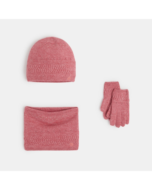 Bonnet + snood + gants coordonnés rose fille
