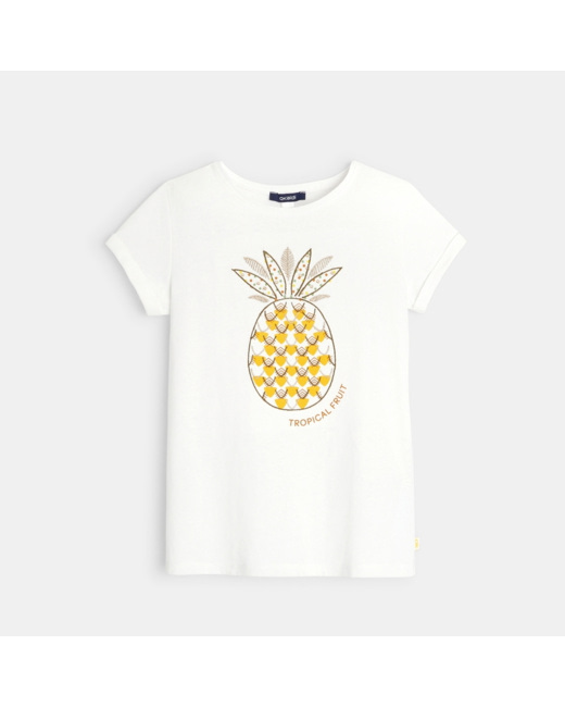 T-shirt col rond à motif brodé blanc fille
