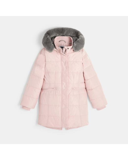 Doudoune longue à capuche déperlante rose fille