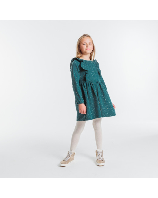 Robe en gaze de coton à pois dorés verte fille