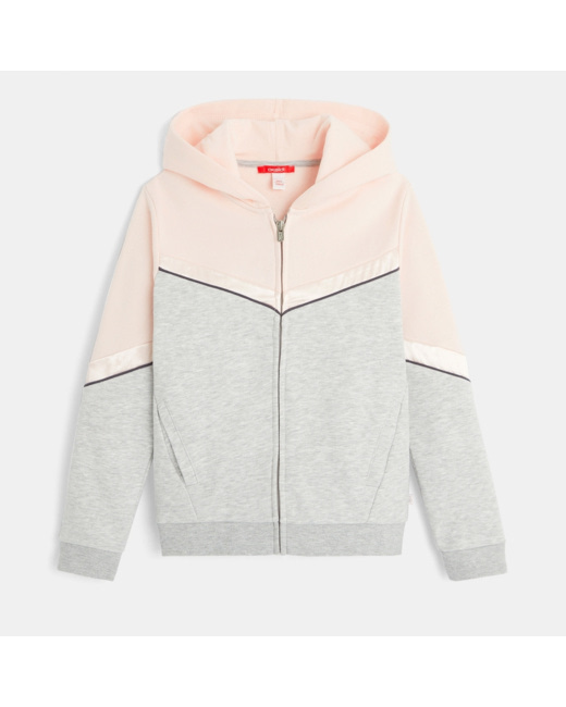Sweat zippé bicolore bande satin gris fille