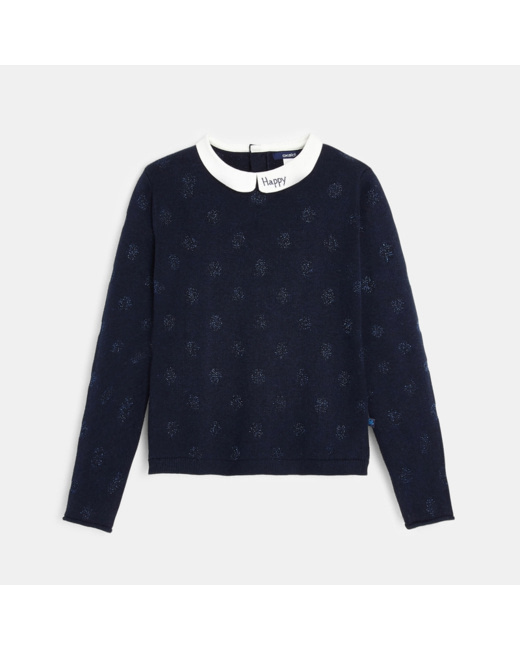 Pull à pois irisés et col Claudine bleu fille