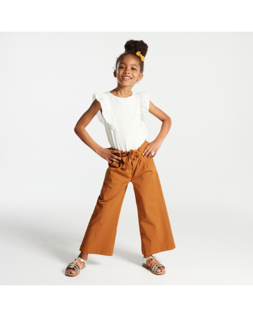 Pantalon large taille haute beige fille