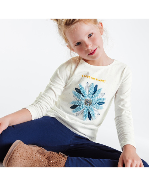 T-shirt à message brodé de sequins et fleurs bleu fille