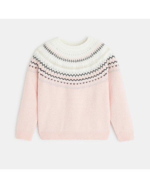 Pull jacquard col rond rose fille