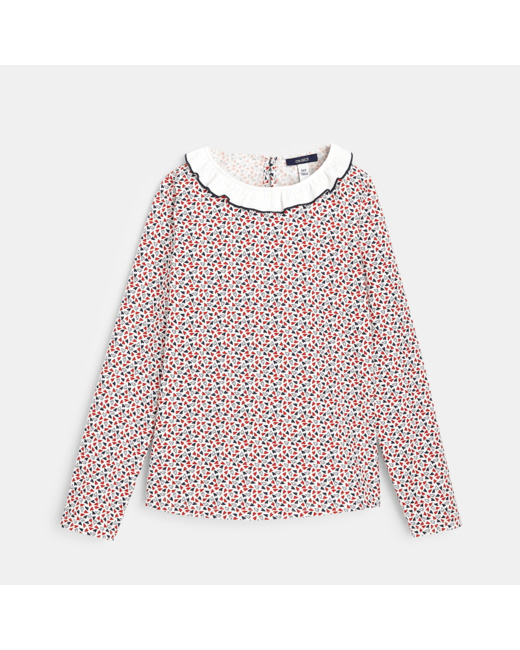 T-shirt imprimé à col Claudine volanté bleu fille