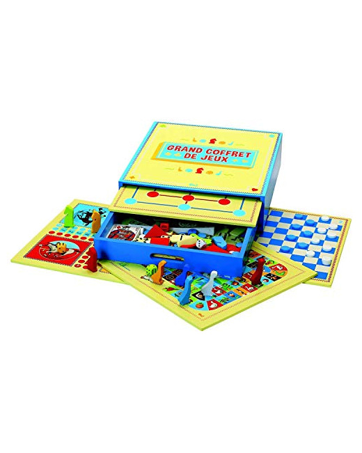 Grand coffret de jeux : petits chevaux, oie, dames, marelle, mikado, tangram, dominos