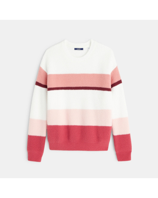 Pull rayé col rond rose fille