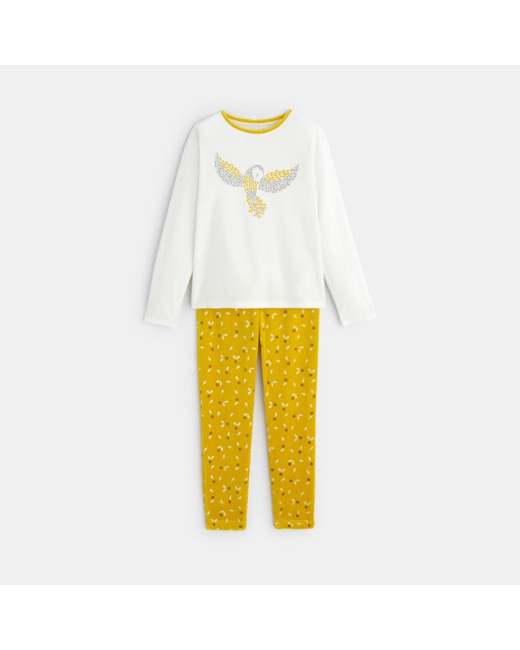 Pyjama 2 pièces en velours motif chouette jaune fille