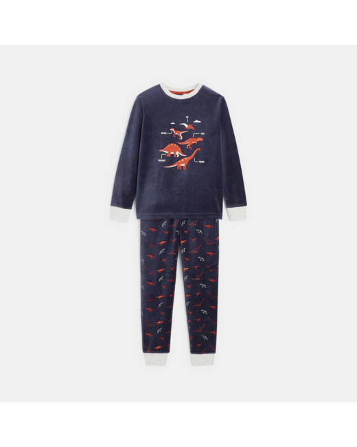 Pyjama 2 pièces en velours thème dinosaure bleu garçon