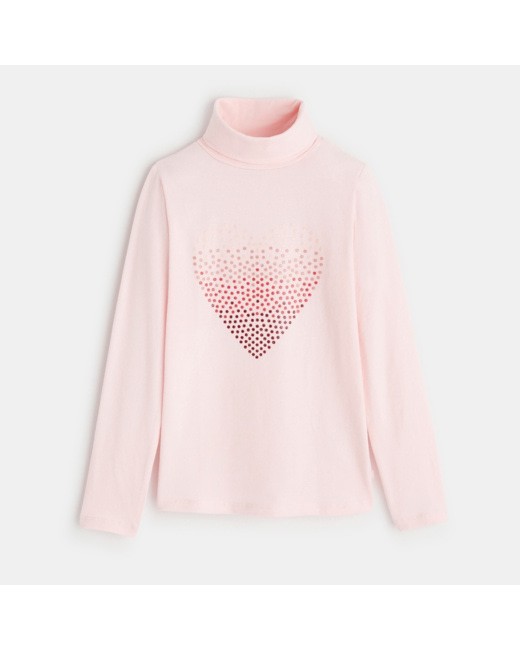 T-shirt col roulé motif cœur rose fille