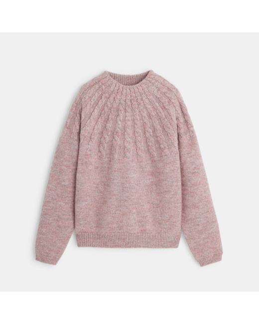 Pull torsadé à col montant rose fille