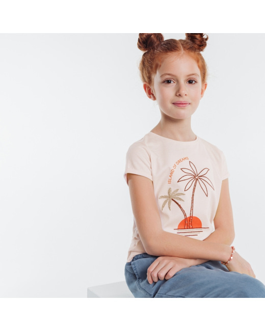 T-shirt col rond à motif brodé rose fille
