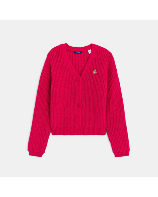 Gilet côtelé col V + broche rose fille