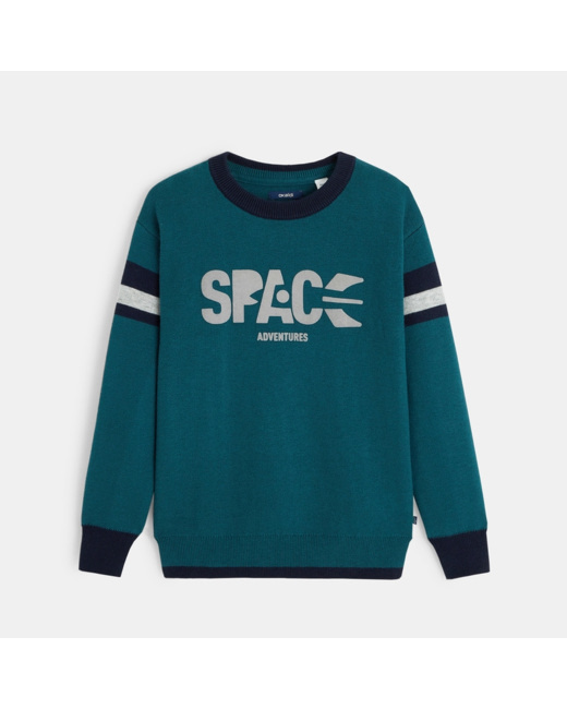 Pull col rond à message Space Adventures vert garçon