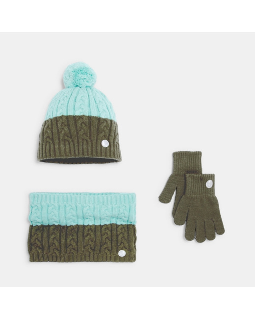 Ensemble bonnet, gants et snood torsadés vert garçon