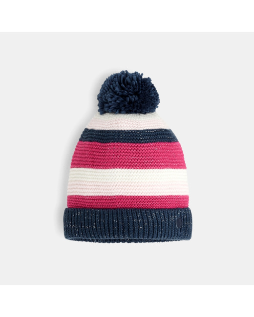 Bonnet rayé irisé à pompon rose fille
