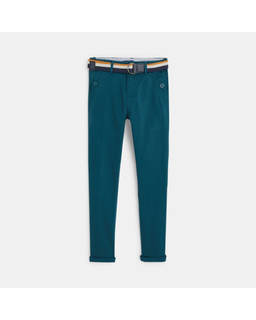 Pantalon chino slim ceinturé en toile unie vert garçon