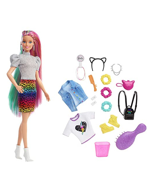 Poupée Barbie chevelure arc-en-ciel Léopard