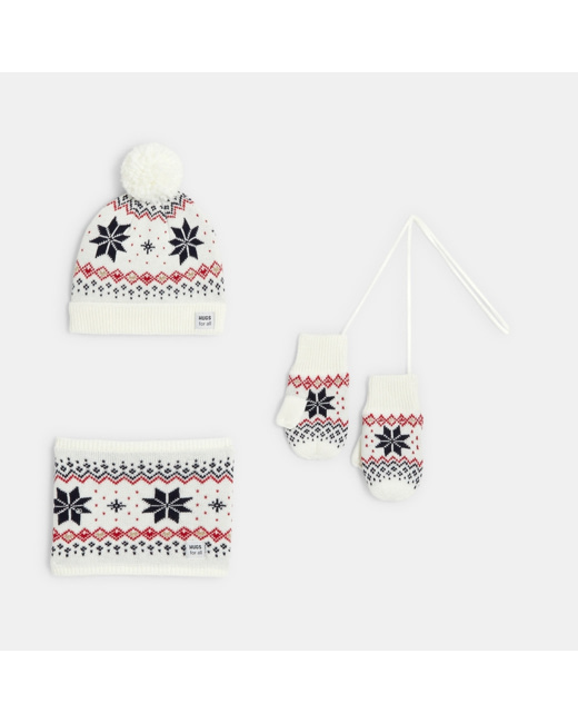 Ensemble bonnet + moufles + snood blanche fille