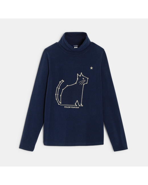 T-shirt brodé à col montant bleu fille