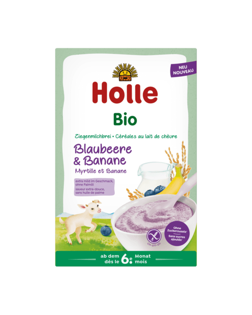 Céréales au lait de chèvre, aux myrtilles et à la banane bio